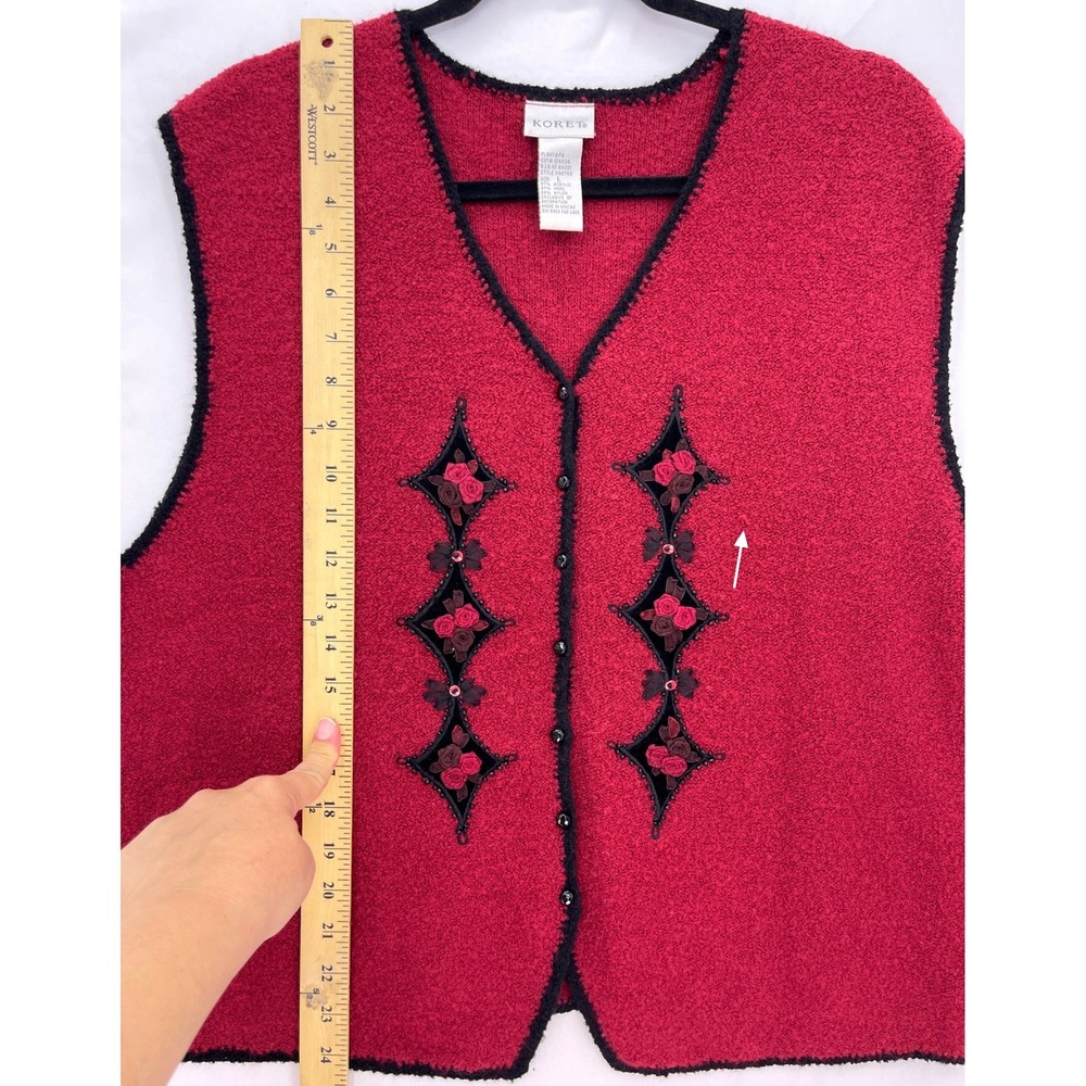 Koret Red Boucle Knit Vest L Vintage 90s Floral Ribbon Applique Beaded Diamond - Picture 5 of 8